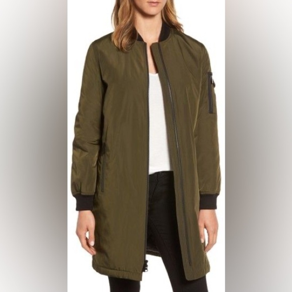 Michael Kors Long Bomber Jacket Olive Green Size L Lightweight Zip Coat EUC